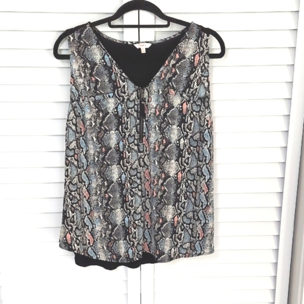 Candies Top, XL, Sleeveless Snakeskin Print Front, Soft Stretch on Back, Blue
